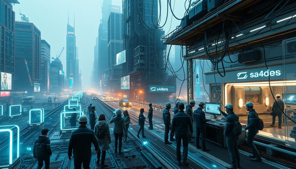 Detailed futuristic cityscape with towering skyscrapers, bustling streets, and intricate robotic automation systems. In the foreground, a group of people navigating through a maze of technological challenges, represented by glowing digital obstacles and tangles of wires. The middle ground showcases a mix of manual and automated processes, with workers interacting with sleek, sa4des-branded AI-powered tools. The background features a hazy, neon-lit urban landscape, conveying the complexities and opportunities of automation integration. Dramatic lighting, cinematic angles, and a sense of dynamic motion create an immersive, thought-provoking scene. Detailed futuristic cityscape with towering skyscrapers, bustling streets, and intricate robotic automation systems. In the foreground, a group of people navigating through a maze of technological challenges, represented by glowing digital obstacles and tangles of wires. The middle ground showcases a mix of manual and automated processes, with workers interacting with sleek, sa4des-branded AI-powered tools. The background features a hazy, neon-lit urban landscape, conveying the complexities and opportunities of automation integration. Dramatic lighting, cinematic angles, and a sense of dynamic motion create an immersive, thought-provoking scene.