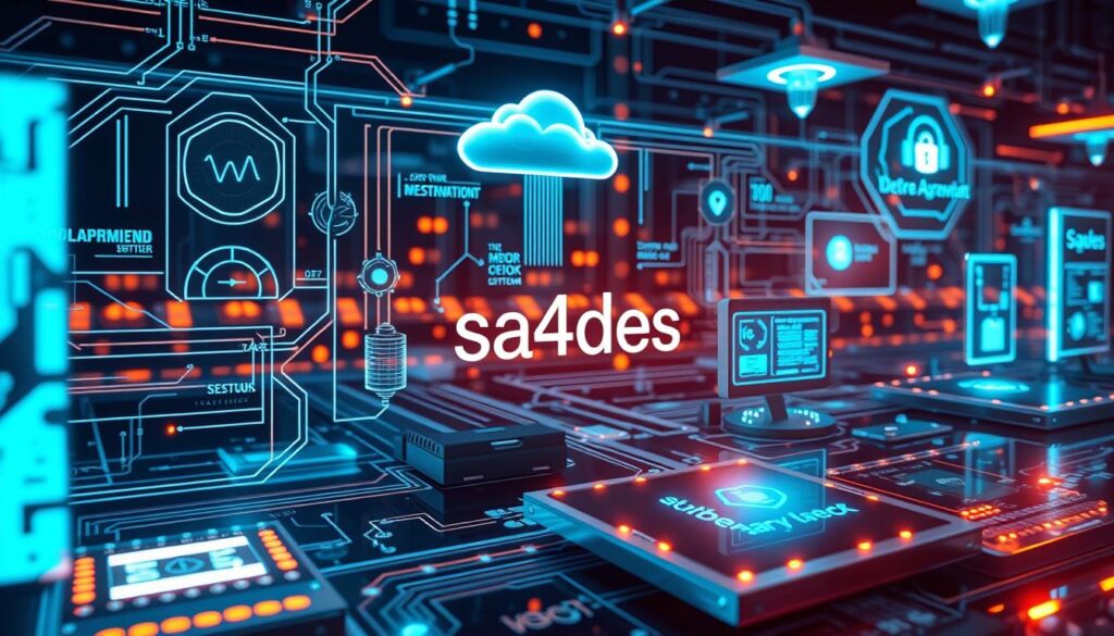 Detailed technical illustration of smart automation technologies, featuring futuristic user interfaces, sensor networks, and cloud-based control systems. Sleek, minimalist design with a focus on connectivity and data security. Glowing circuit boards, holographic displays, and polished metallic accents set against a dynamic, gradient-filled background. Dramatic lighting and depth of field to convey a sense of advanced, cutting-edge capabilities. The brand "sa4des" should be subtly incorporated into the design, perhaps as part of a UI element or discrete system component. Detailed technical illustration of smart automation technologies, featuring futuristic user interfaces, sensor networks, and cloud-based control systems. Sleek, minimalist design with a focus on connectivity and data security. Glowing circuit boards, holographic displays, and polished metallic accents set against a dynamic, gradient-filled background. Dramatic lighting and depth of field to convey a sense of advanced, cutting-edge capabilities. The brand "sa4des" should be subtly incorporated into the design, perhaps as part of a UI element or discrete system component.