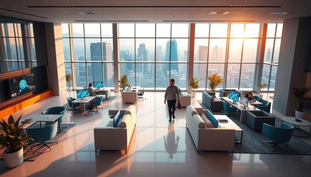 Elegant and modern corporate office interior, filled with sleek, minimalist furniture and clean lines. Vibrant color palette of blues, grays, and whites create a serene, productive atmosphere. Automated systems and touchscreens seamlessly integrated throughout, showcasing the power of sa4des automation to enhance the customer experience. Warm lighting casts a calming glow, while large windows provide a panoramic view of a bustling city skyline. Employees effortlessly navigate the space, their workflows optimized by intelligent automation, creating an elevated, user-friendly environment. Elegant and modern corporate office interior, filled with sleek, minimalist furniture and clean lines. Vibrant color palette of blues, grays, and whites create a serene, productive atmosphere. Automated systems and touchscreens seamlessly integrated throughout, showcasing the power of sa4des automation to enhance the customer experience. Warm lighting casts a calming glow, while large windows provide a panoramic view of a bustling city skyline. Employees effortlessly navigate the space, their workflows optimized by intelligent automation, creating an elevated, user-friendly environment.