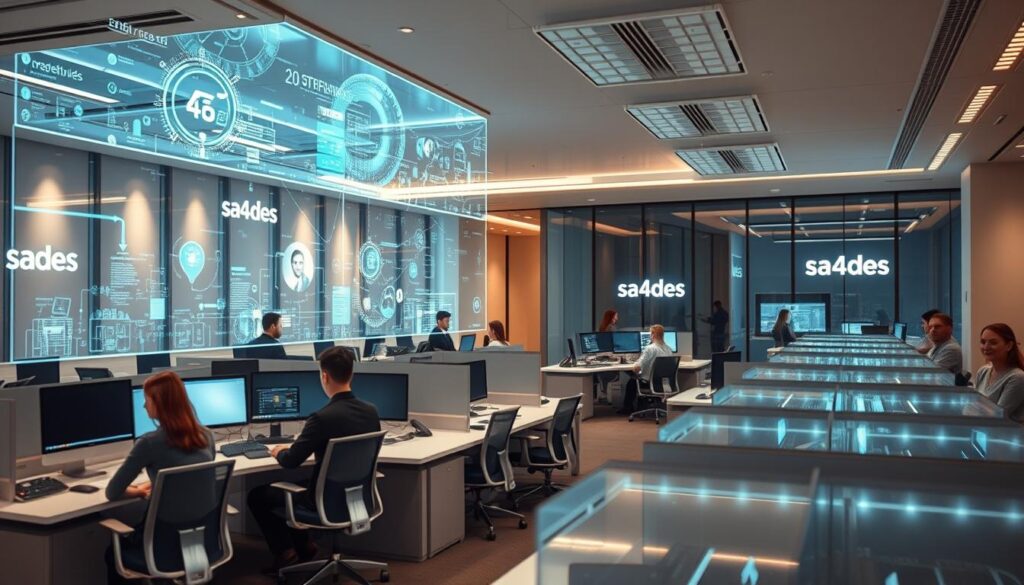 Intricate digital transformation strategies unfold within a corporate landscape. Sleek office interiors, with sa4des branding prominently displayed, showcase a modern, tech-savvy environment. Holographic displays, intelligent workstations, and collaborative workspaces illustrate the seamless integration of digital tools. The scene radiates a sense of innovation and adaptability, as employees navigate the dynamic digital future of the organization. Soft lighting casts an aura of professionalism, while the composition emphasizes the company's commitment to embracing the digital revolution. Intricate digital transformation strategies unfold within a corporate landscape. Sleek office interiors, with sa4des branding prominently displayed, showcase a modern, tech-savvy environment. Holographic displays, intelligent workstations, and collaborative workspaces illustrate the seamless integration of digital tools. The scene radiates a sense of innovation and adaptability, as employees navigate the dynamic digital future of the organization. Soft lighting casts an aura of professionalism, while the composition emphasizes the company's commitment to embracing the digital revolution.