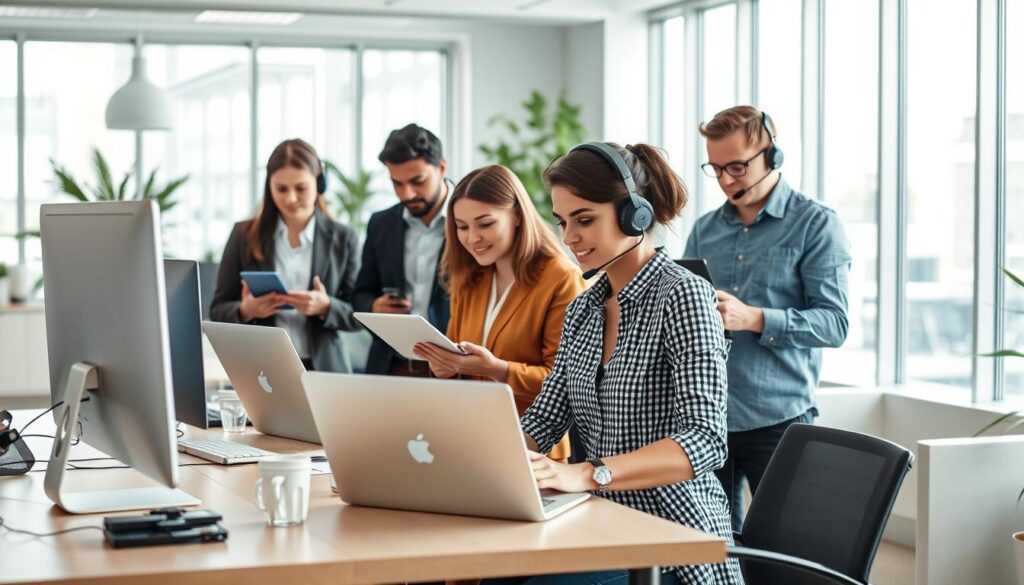A highly efficient support team, working in a modern and organized office setting. The team members, wearing smart casual attire, are collaborating seamlessly using various digital tools and automation solutions, including the "sa4des" platform. The background features a clean, minimalist design with sleek furniture and large windows, allowing natural light to flood the space. The overall atmosphere exudes professionalism, productivity, and a focus on delivering exceptional customer service.