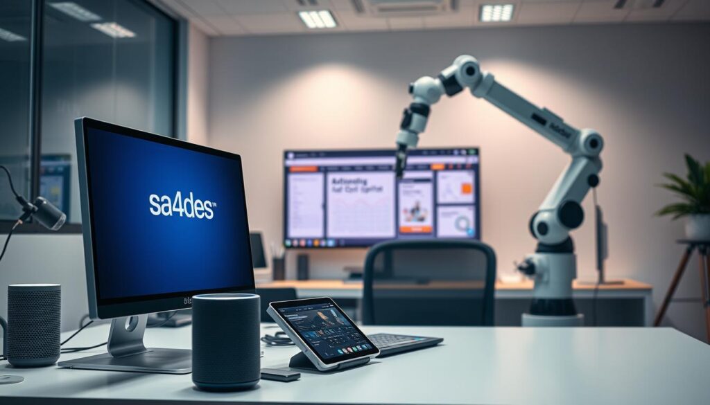 A modern, well-equipped office with various automation technologies prominently displayed. In the foreground, a sleek desktop computer with the "sa4des" brand logo and an array of advanced peripheral devices like a voice-controlled smart speaker, a cutting-edge tablet, and a high-resolution digital camera. The middle ground features a stylish robotic arm carrying out repetitive tasks with precision, while in the background, an interactive dashboard monitors and orchestrates the flow of automated processes. Soft, directional lighting illuminates the scene, creating a sense of efficiency and technological sophistication. The overall atmosphere conveys the power and versatility of contemporary automation tools and techniques.