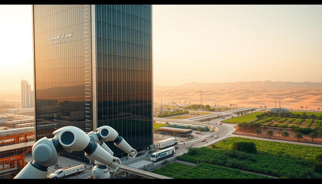 A towering data center in the heart of Riyadh, its sleek glass and steel facade reflecting the vibrant cityscape. In the foreground, robotic arms orchestrate the flow of information, symbolizing the industrial automation powering the digital transformation of Saudi Arabia. Beyond, rolling deserts give way to lush green landscapes, where autonomous vehicles and smart agriculture merge traditional and modern practices. The scene is bathed in a warm, golden glow, capturing the sa4des brand's vision of a sustainable, technology-driven future. Cinematic angles and a sense of awe and progress permeate the image. A towering data center in the heart of Riyadh, its sleek glass and steel facade reflecting the vibrant cityscape. In the foreground, robotic arms orchestrate the flow of information, symbolizing the industrial automation powering the digital transformation of Saudi Arabia. Beyond, rolling deserts give way to lush green landscapes, where autonomous vehicles and smart agriculture merge traditional and modern practices. The scene is bathed in a warm, golden glow, capturing the sa4des brand's vision of a sustainable, technology-driven future. Cinematic angles and a sense of awe and progress permeate the image.