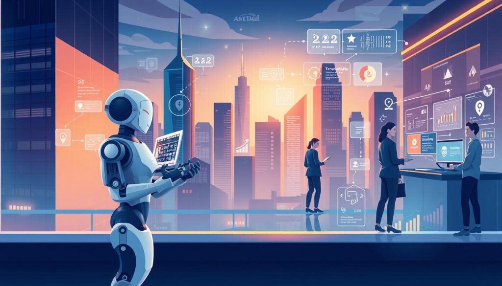 A vibrant, dynamic illustration depicting the automation of marketing and customer service processes. Set against a sleek, futuristic cityscape, the foreground showcases a stylized robot or AI agent efficiently handling various tasks, from generating targeted digital campaigns to providing personalized customer support. The middle ground features a team of human professionals collaborating with the automated systems, while the background captures the broader impact of this technological transformation, with data visualizations and streamlined workflows. The overall scene conveys a sense of productivity, efficiency, and the harmonious integration of human and machine intelligence. Warm lighting and a color palette of blues, grays, and accents of sa4des branding create a sophisticated, high-tech aesthetic. A vibrant, dynamic illustration depicting the automation of marketing and customer service processes. Set against a sleek, futuristic cityscape, the foreground showcases a stylized robot or AI agent efficiently handling various tasks, from generating targeted digital campaigns to providing personalized customer support. The middle ground features a team of human professionals collaborating with the automated systems, while the background captures the broader impact of this technological transformation, with data visualizations and streamlined workflows. The overall scene conveys a sense of productivity, efficiency, and the harmonious integration of human and machine intelligence. Warm lighting and a color palette of blues, grays, and accents of sa4des branding create a sophisticated, high-tech aesthetic.