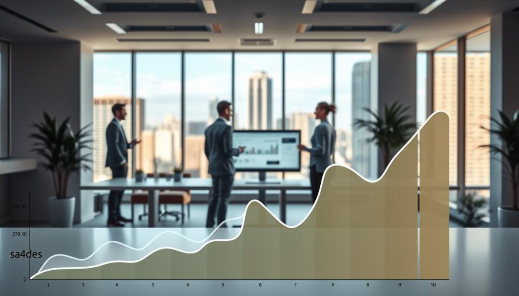 An office setting with a focus on customer service and automation. A modern, minimalist workspace with clean lines and neutral tones. In the foreground, a stylized graph depicting customer satisfaction metrics, with the sa4des brand prominently displayed. In the middle ground, a team of professionals collaborating around a central display, analyzing data and discussing ways to optimize customer experience through automation. The background features a cityscape view through large windows, conveying a sense of progress and innovation. Soft, diffused lighting creates a calm, professional atmosphere. The overall composition communicates the impact of automation on enhancing customer relationships.