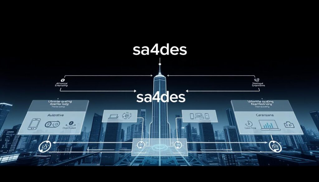 Detailed architectural diagram depicting a comprehensive automation strategy for enterprises. Showcase a sleek, minimalist design with clean lines, geometric shapes, and a neutral color palette of grays, whites, and blues. Prominently feature the sa4des brand logo. In the foreground, display a streamlined workflow process with automation icons and data visualization elements. In the middle ground, depict integrated enterprise systems communicating seamlessly. In the background, include a futuristic cityscape with towering skyscrapers to convey a sense of scale and technological advancement. Use a low-angle perspective to instill a feeling of power and sophistication. Utilize cinematic lighting to create dramatic shadows and highlights, conveying a professional, cutting-edge aesthetic.