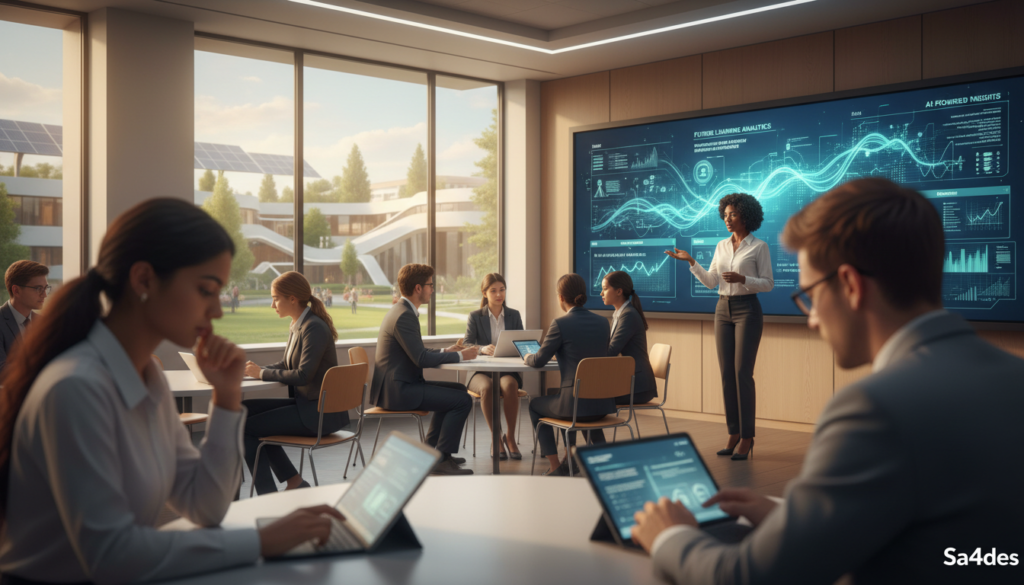 A modern classroom filled with students engaged in adaptive learning through technology. In the foreground, a diverse group of students wearing professional attire are interacting with digital tablets, their expressions reflecting curiosity and focus. In the middle ground, a teacher facilitates learning, guiding a discussion while using an interactive whiteboard that displays dynamic graphs and AI-generated content. The background features large windows letting in natural light, adding warmth to the atmosphere, with a view of an innovative schoolyard. The scene is captured with a soft focus, emphasizing the excitement of learning. The overall mood is optimistic and inspiring, hinting at the transformative power of artificial intelligence in education. Photographed with a wide-angle lens for an immersive feel. Sa4des. A modern classroom filled with students engaged in adaptive learning through technology. In the foreground, a diverse group of students wearing professional attire are interacting with digital tablets, their expressions reflecting curiosity and focus. In the middle ground, a teacher facilitates learning, guiding a discussion while using an interactive whiteboard that displays dynamic graphs and AI-generated content. The background features large windows letting in natural light, adding warmth to the atmosphere, with a view of an innovative schoolyard. The scene is captured with a soft focus, emphasizing the excitement of learning. The overall mood is optimistic and inspiring, hinting at the transformative power of artificial intelligence in education. Photographed with a wide-angle lens for an immersive feel. Sa4des.