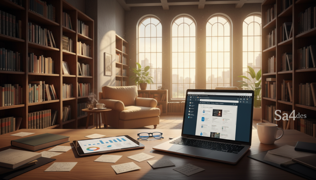 A modern library setting featuring a collage of diverse research tools, such as books, laptops, and tablets, symbolizing quick research and resource gathering. In the foreground, display a stylish desk cluttered with notes, a digital tablet showing charts, and an open laptop with multiple tabs of reputable academic sources visible. The middle ground should depict a cozy reading area with shelves filled with books and a comfortable chair. In the background, large windows allow soft, natural light to flood the space, creating an inviting atmosphere. Incorporate the brand name "Sa4des" subtly into the laptop screen design. The overall mood should be inspiring and conducive to learning, emphasizing reliability and professionalism in academic research.