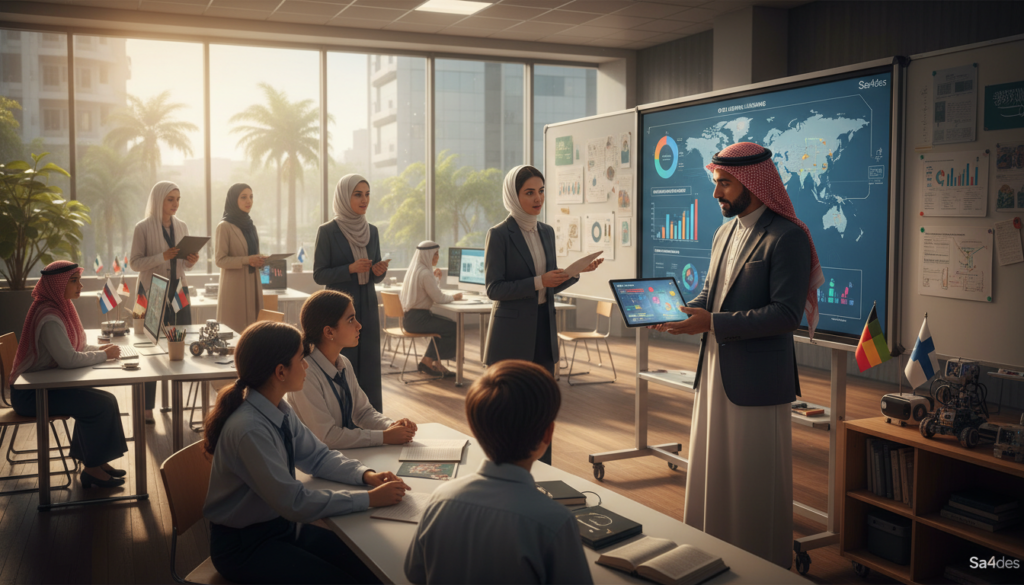 A vibrant classroom scene showcasing a diverse group of teachers engaging with innovative teaching methods inspired by international educational practices. In the foreground, a teacher of Middle-Eastern descent uses a digital tablet to explain a lesson to a group of attentive students, dressed in professional attire. In the middle ground, a whiteboard displays colorful charts and graphs representing data-driven teaching approaches. To the background, large windows let in warm, natural light, illuminating the space and creating an inviting atmosphere. The overall mood is one of collaboration and inspiration, emphasizing adaptability in Saudi education. Creative elements like international flags and technology-infused learning materials subtly decorate the room. Camera angle is slightly elevated, capturing the dynamic interactions and engaging environment. Sa4des logo subtly integrated into the scene without being overly prominent. A vibrant classroom scene showcasing a diverse group of teachers engaging with innovative teaching methods inspired by international educational practices. In the foreground, a teacher of Middle-Eastern descent uses a digital tablet to explain a lesson to a group of attentive students, dressed in professional attire. In the middle ground, a whiteboard displays colorful charts and graphs representing data-driven teaching approaches. To the background, large windows let in warm, natural light, illuminating the space and creating an inviting atmosphere. The overall mood is one of collaboration and inspiration, emphasizing adaptability in Saudi education. Creative elements like international flags and technology-infused learning materials subtly decorate the room. Camera angle is slightly elevated, capturing the dynamic interactions and engaging environment. Sa4des logo subtly integrated into the scene without being overly prominent.