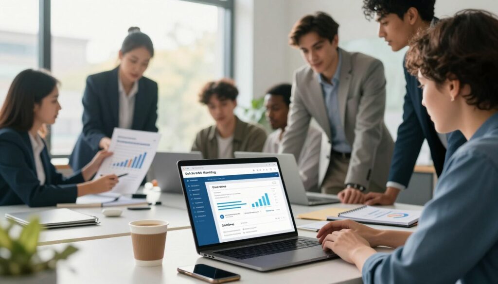 A busy, modern office environment with a professional workspace in the foreground. A sleek laptop open displaying an email marketing dashboard. On the table, a cup of coffee and a smartphone, hinting at real-time engagement with clients. In the middle ground, a diverse group of professionals dressed in business attire are discussing strategies while examining printed charts and graphs about traffic growth and email marketing effectiveness. The background features a large window with soft, warm daylight flooding in, casting gentle shadows that enhance the optimistic atmosphere. The color palette is vibrant yet professional with blues, greens, and whites. Incorporate the brand name "Sa4Des" subtly on a notebook on the table.