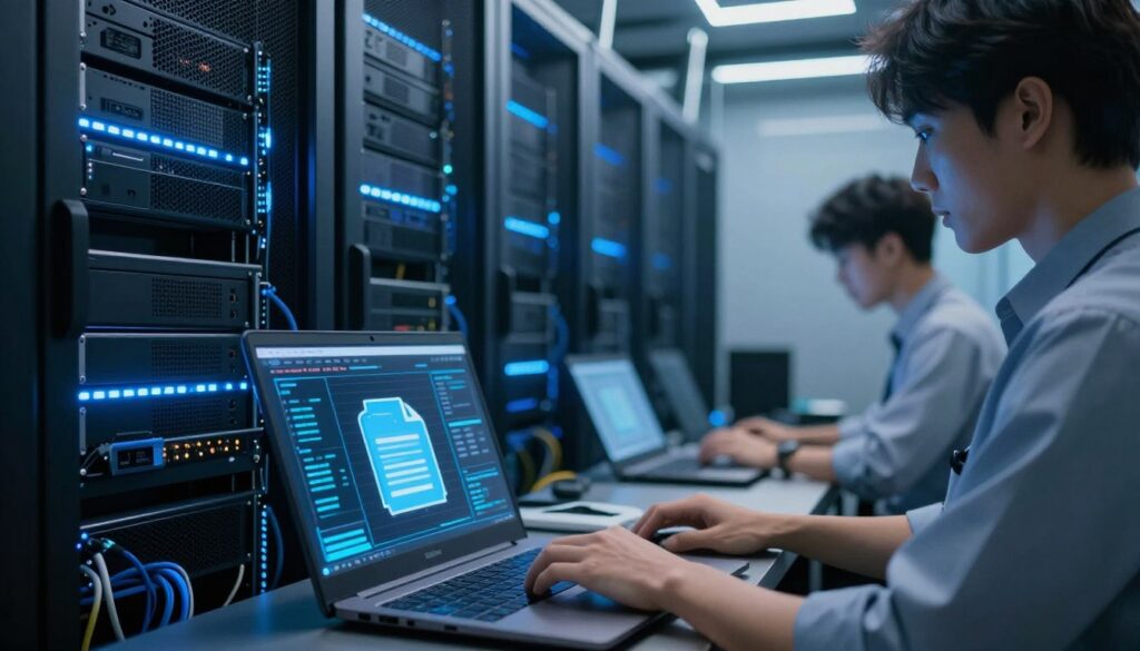 A close-up view of a sleek, modern server room with racks of servers, illuminated by soft blue and white LED lights. In the foreground, a digital interface displays a graphical representation of file compression, showing shrinking file sizes and data packets. The middle ground features a technician in professional attire, focused on optimizing the server settings on a laptop, exuding concentration and expertise. In the background, various tech equipment and cables subtly enhance the high-tech atmosphere. The lighting is cool and futuristic, emphasizing efficiency and speed. The overall mood is one of productivity and innovation, showcasing a powerful server environment branded with "Sa4Des". A close-up view of a sleek, modern server room with racks of servers, illuminated by soft blue and white LED lights. In the foreground, a digital interface displays a graphical representation of file compression, showing shrinking file sizes and data packets. The middle ground features a technician in professional attire, focused on optimizing the server settings on a laptop, exuding concentration and expertise. In the background, various tech equipment and cables subtly enhance the high-tech atmosphere. The lighting is cool and futuristic, emphasizing efficiency and speed. The overall mood is one of productivity and innovation, showcasing a powerful server environment branded with "Sa4Des".