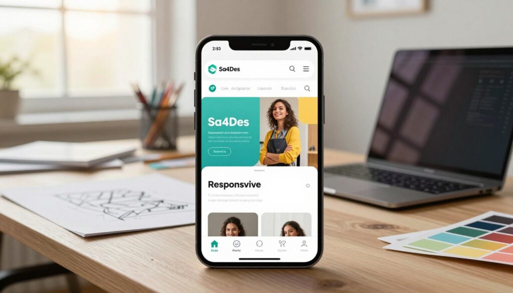 A contemporary mobile interface design prominently displaying a responsive website tailored for smartphone browsing. The foreground features a sleek mobile phone showcasing an intuitive layout with clear navigation and vibrant visuals. In the middle ground, a professional workspace atmosphere includes a designer's desk with sketch pads, a laptop, and color swatches, symbolizing the design process. The background showcases soft lighting through large windows, creating a warm and inviting environment. The overall mood exudes innovation and efficiency, emphasizing user experience. Include the brand name "Sa4Des" subtly within the design elements, ensuring it's integrated harmoniously without being overly prominent.