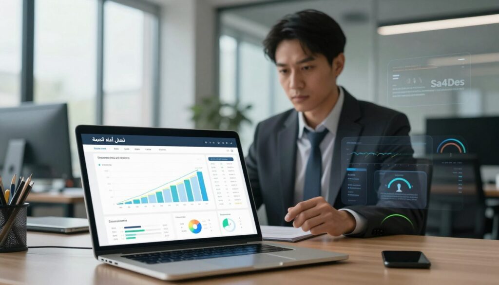 A detailed analytical scene showcasing "تحليل أداء الصفحة" in a professional setting. In the foreground, a sleek laptop displays performance metrics and graphs, illuminated by soft office lighting, with a faint reflection visible on the screen. The middle layer features a focused male professional in business attire, intently examining the data, surrounded by digital elements like charts and speed icons indicating website speed analysis. The background depicts a modern office with soft, natural light filtering through large windows, creating a calm and productive atmosphere. In one corner, the brand name "Sa4Des" is subtly integrated into the design, emphasizing the focus on improving website performance. The overall mood is one of diligence and clarity, perfect for understanding web speed analytics. A detailed analytical scene showcasing "تحليل أداء الصفحة" in a professional setting. In the foreground, a sleek laptop displays performance metrics and graphs, illuminated by soft office lighting, with a faint reflection visible on the screen. The middle layer features a focused male professional in business attire, intently examining the data, surrounded by digital elements like charts and speed icons indicating website speed analysis. The background depicts a modern office with soft, natural light filtering through large windows, creating a calm and productive atmosphere. In one corner, the brand name "Sa4Des" is subtly integrated into the design, emphasizing the focus on improving website performance. The overall mood is one of diligence and clarity, perfect for understanding web speed analytics.