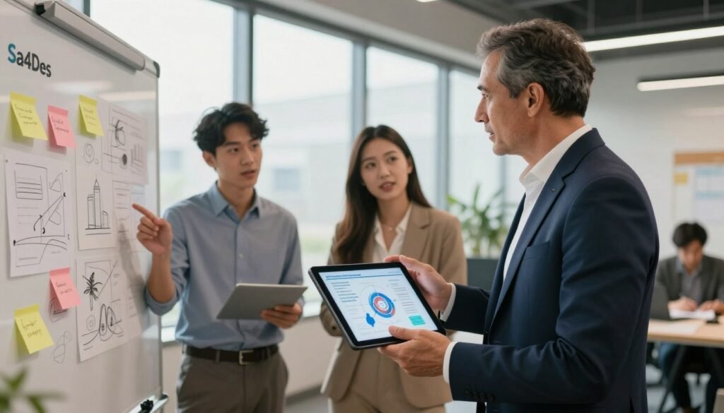A diverse group of professionals in a modern office environment, each engaged in meaningful discussions about content creation strategies. In the foreground, a middle-aged man in a smart business suit is animatedly presenting a chart on a digital tablet, emphasizing the importance of understanding the target audience. In the middle, two young professionals, one male and one female, are brainstorming ideas, surrounded by post-it notes and sketches on a whiteboard. The background features large windows with natural light streaming in, creating a bright and open atmosphere. Soft, warm lighting enhances the collaborative mood. A subtle brand logo, "Sa4Des," is incorporated into the design elements of the office decor.