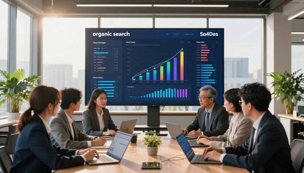 A dynamic office scene symbolizes "organic search" and SEO strategies. In the foreground, a diverse group of professionals in business attire are engaged in discussion around a large table, analyzing data on laptops and tablets. The middle layer features a large digital screen displaying SEO metrics and colorful charts, illustrating organic traffic growth. The background shows a sleek and modern office with large windows, allowing natural light to flood the space, creating an energetic and collaborative atmosphere. Soft sunlight enhances the warm mood, while green plants in the corners symbolize growth. Prominently display the brand name "Sa4Des" in the digital data on the screen, ensuring a professional and polished look in the overall composition.