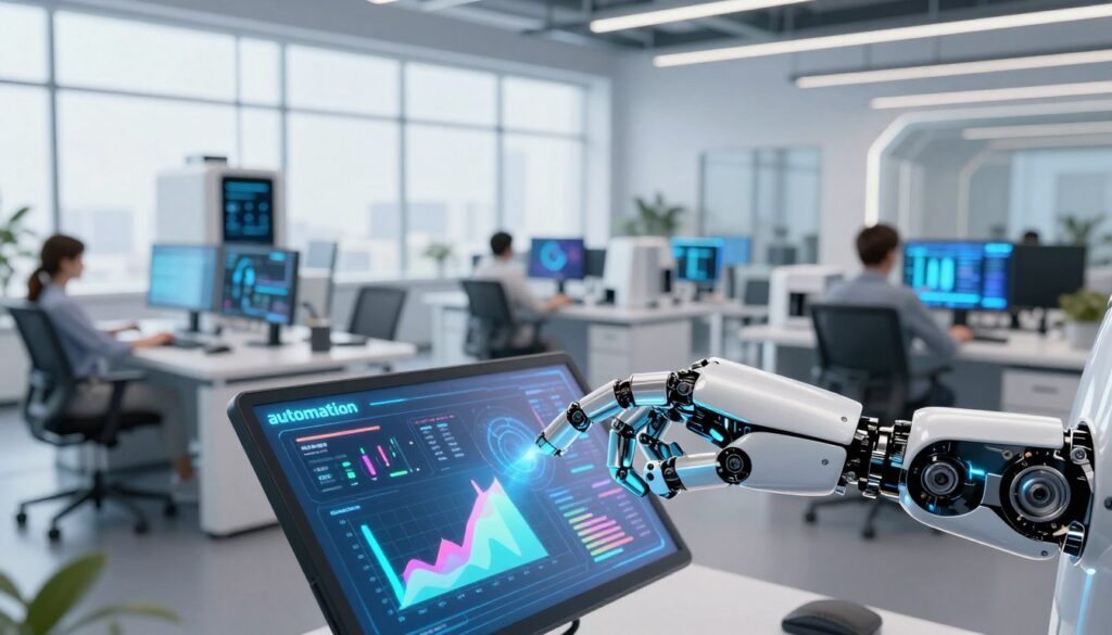 A futuristic workspace showcasing the concept of "automation" in a sleek, modern design. In the foreground, a close-up of a high-tech robotic hand interacting with a digital interface, displaying graphs and data analytics in vibrant colors. In the middle ground, an array of advanced machines and monitors operate seamlessly, embodying the efficiency of artificial intelligence. The background features a bright, airy office with large windows, allowing natural light to flood in, creating an inviting atmosphere. The setting exudes a sense of productivity and innovation, highlighting the advantages of using technology for passive income generation. Capture the scene with a soft focus on the robotic hand, using a wide-angle lens to emphasize the workspace's depth. The overall mood should inspire creativity and future-oriented thinking. Branding elements of "Sa4Des" subtly integrated into the design elements.