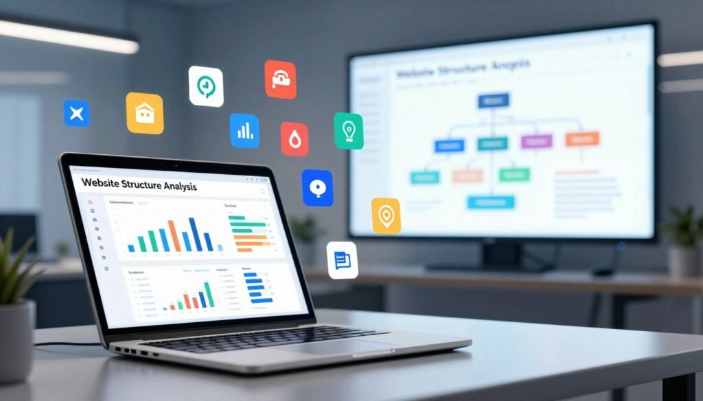 A high-tech digital workspace illustrating "Website Structure Analysis." The foreground features a sleek, modern laptop displaying charts and graphs related to website performance metrics and user experience, with a focus on analytical tools like Sa4Des. In the middle, an array of colorful, visually appealing icons representing various technical audit tools and site structure elements floats around the laptop. The background displays a futuristic office environment with soft, ambient lighting and a large screen showcasing a detailed website architecture diagram. The mood conveys professionalism, innovation, and clarity, inspiring a sense of analytical rigor and user-centered design. The composition is well-lit, ensuring all elements stand out clearly, with an emphasis on organized information and technical proficiency.