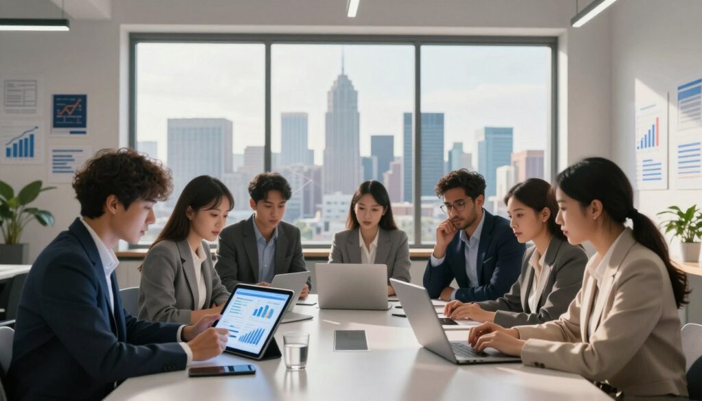 A modern digital marketing concept illustration featuring a sleek workspace. In the foreground, a diverse group of professionals in smart business attire engaged in a vibrant brainstorming session over a digital tablet and laptop, showcasing analytics and charts. The middle layer depicts a large window with the skyline of a bustling city in the background, symbolizing growth and connectivity. Soft, natural light pours through the window, creating a warm, inviting atmosphere. The walls are adorned with trendy digital marketing graphics and a small logo of "Sa4Des" subtly placed. Capture a creative and determined mood focused on the contrast between digital marketing and traditional outreach methods.