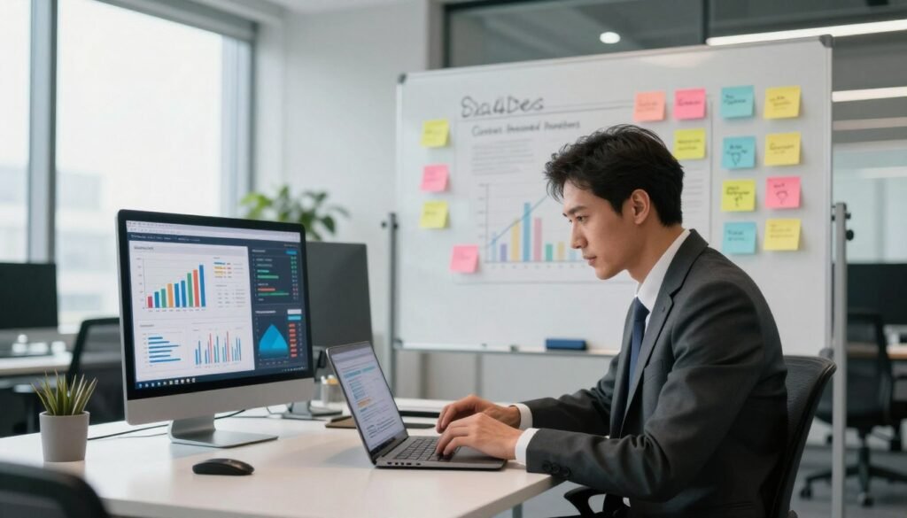A modern office environment with a confident professional man in business attire, analyzing data on a sleek laptop. In the foreground, he is seated at a contemporary desk, surrounded by charts and graphs displayed on digital screens showcasing engagement metrics. The middle of the composition features a large whiteboard filled with colorful post-it notes representing ideas for content improvement and success measurement. In the background, soft natural light pours in through floor-to-ceiling windows, illuminating the space and creating a productive, focused atmosphere. A subtle indication of the brand "Sa4Des" is integrated into the design element of the office. The image exudes a sense of innovation and continuous improvement.