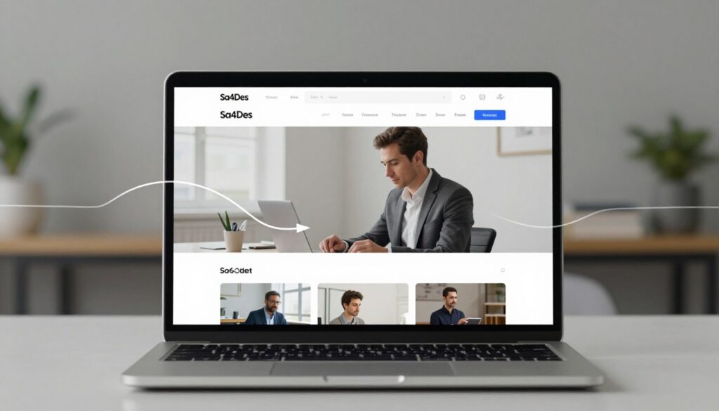 A modern, user-friendly web browsing experience, centered around an elegant digital interface on a sleek laptop. In the foreground, a well-organized screen displays clearly defined sections for content, minimizing distractions and enhancing clarity. An abstract visualization of smooth navigation elements, like arrows and lines, flows seamlessly around the screen. In the middle ground, a professional person dressed in business attire, intently engaged in navigating the site, representing focus and ease of use. In the background, a calm, minimalist workspace with soft lighting adds to the atmosphere of tranquility and productivity. The overall mood is one of clarity and efficiency, inviting the viewer to explore with ease. Include the brand name "Sa4Des" subtly integrated into the design elements without overshadowing the main focus.