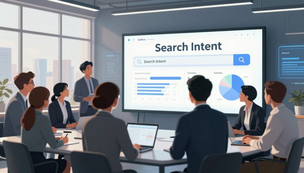 A professional and focused digital illustration depicting "Search Intent" in the context of SEO. In the foreground, a diverse group of business professionals, dressed in smart business attire, gather around a large interactive screen displaying keyword analytics and search queries. In the middle ground, a high-tech office environment with charts and graphs illustrating search patterns and user behavior analysis. The background features large windows with a cityscape view, allowing natural light to illuminate the scene. The mood is collaborative and innovative, suggesting a sense of urgency and importance in understanding search intent. Soft, diffused lighting enhances the atmosphere, creating a dynamic interplay of shadows and highlights. Include the brand name "Sa4Des" subtly integrated into the overall design without dominating the image.