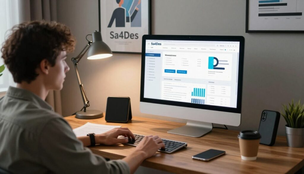 A professional digital workspace featuring a well-organized, modern office setting with a sleek computer displaying various web pages and analytics on its screen. In the foreground, a focused individual in smart casual attire analyzes the data on the monitor, with notes and a coffee cup nearby. The middle consists of an elegant wooden desk with a few tech gadgets and a stylish desk lamp casting soft, ambient lighting, creating a productive atmosphere. The background showcases a framed poster with the brand name "Sa4Des" subtly integrated, enhancing the professional theme of digital marketing. The overall mood should be one of concentration and determination, with warm lighting to evoke a sense of creativity and expertise in optimizing website visibility for search engines. A professional digital workspace featuring a well-organized, modern office setting with a sleek computer displaying various web pages and analytics on its screen. In the foreground, a focused individual in smart casual attire analyzes the data on the monitor, with notes and a coffee cup nearby. The middle consists of an elegant wooden desk with a few tech gadgets and a stylish desk lamp casting soft, ambient lighting, creating a productive atmosphere. The background showcases a framed poster with the brand name "Sa4Des" subtly integrated, enhancing the professional theme of digital marketing. The overall mood should be one of concentration and determination, with warm lighting to evoke a sense of creativity and expertise in optimizing website visibility for search engines.