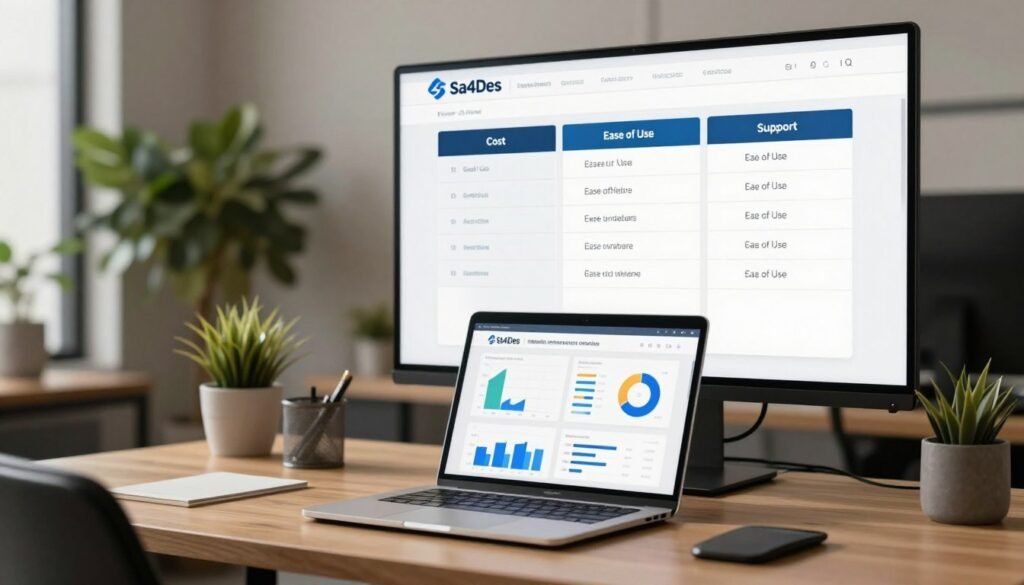 A professional office setting designed to illustrate criteria for selecting tools for website performance monitoring in Saudi Arabia. In the foreground, a modern desk with a laptop displaying various analytical graphs and performance metrics. The middle ground features a large screen showing charts and criteria such as "Cost", "Ease of Use", and "Support". The background depicts a stylish office with potted plants and neutral colors, creating a calm atmosphere. Soft, natural lighting highlights the details and adds warmth, while a slight depth of field gives focus to the desk area. The brand logo "Sa4Des" is subtly integrated into the scene.