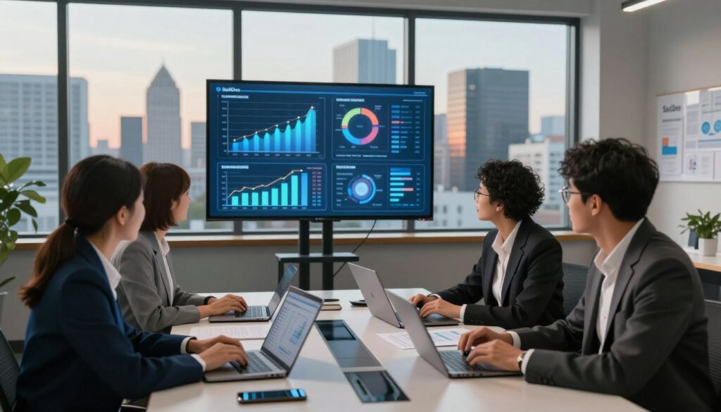 A step-by-step guide to data analysis in a professional setting. In the foreground, a diverse group of three business professionals, dressed in smart casual attire, collaborate around a modern conference table filled with laptops, charts, and data visualizations. The middle ground features transparent screens displaying graphs and data insights, casting a soft blue light on the group. In the background, a large window showcases a vibrant city skyline, suggesting a bustling business environment. Warm, natural lighting filters in, creating an inviting atmosphere of teamwork and innovation. The image embodies the essence of data-driven decision-making and improvement in performance. Brand name "Sa4Des" subtly incorporated into the space, enhancing the professional feel of the scene. A step-by-step guide to data analysis in a professional setting. In the foreground, a diverse group of three business professionals, dressed in smart casual attire, collaborate around a modern conference table filled with laptops, charts, and data visualizations. The middle ground features transparent screens displaying graphs and data insights, casting a soft blue light on the group. In the background, a large window showcases a vibrant city skyline, suggesting a bustling business environment. Warm, natural lighting filters in, creating an inviting atmosphere of teamwork and innovation. The image embodies the essence of data-driven decision-making and improvement in performance. Brand name "Sa4Des" subtly incorporated into the space, enhancing the professional feel of the scene.