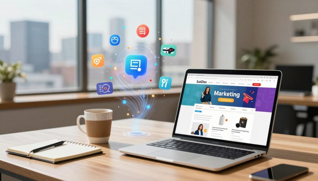 A vibrant and modern workspace scene showcasing the concept of e-commerce. In the foreground, a sleek laptop displays a colorful online store interface with various products, surrounded by a coffee cup and notepad for brainstorming. In the middle, an abstract representation of artificial intelligence and marketing strategies flows through stylized icons and graphs, symbolizing SEO and digital marketing. The background features a blurred city skyline through a large window, indicating a bustling digital marketplace. The lighting is bright and warm, creating an energetic atmosphere, and the image should have a clear focus, shot from a slightly elevated angle to capture all elements cohesively. Include subtle branding of "Sa4Des" on the laptop screen for authenticity.