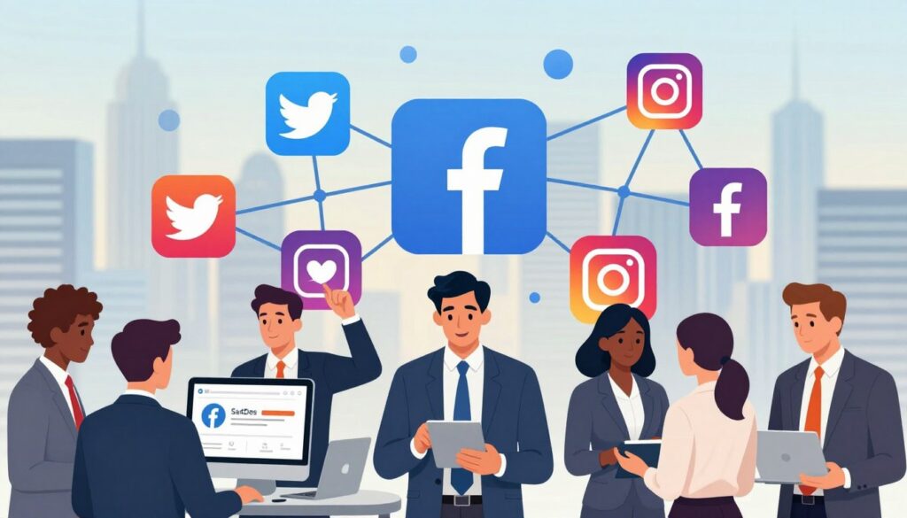 A vibrant digital illustration showcasing the power of social media in marketing. In the foreground, depict a diverse group of professionals in business attire, engaged in animated discussions around digital devices displaying social media platforms. In the middle ground, a large, stylized representation of various social media icons like Facebook, Twitter, and Instagram interconnects, symbolizing the networking aspect. In the background, a soft-focus city skyline reflects the dynamic business environment. The atmosphere is energizing and collaborative, with bright lighting highlighting the engagement among the professionals. The image embodies innovation and connection, featuring the brand name "Sa4Des" subtly integrated into the design, without any text overlays or distractions.