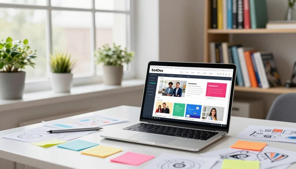 A visually appealing scene depicting a modern workspace focused on creating shareable content. In the foreground, a sleek desk with a laptop open to a content management system, vibrant notes, and scattered design sketches, showcasing creativity. The middle ground features a large window allowing soft, natural light to flood the space, enhancing the bright and motivating atmosphere. Potted plants on the sill add a touch of greenery, promoting a fresh environment. In the background, bookshelves filled with colorful marketing and SEO books, hinting at knowledge and preparation. The atmosphere is energetic yet professional, inspiring productivity and collaboration. The brand name “Sa4Des” is subtly featured on the laptop screen, emphasizing quality content creation. A visually appealing scene depicting a modern workspace focused on creating shareable content. In the foreground, a sleek desk with a laptop open to a content management system, vibrant notes, and scattered design sketches, showcasing creativity. The middle ground features a large window allowing soft, natural light to flood the space, enhancing the bright and motivating atmosphere. Potted plants on the sill add a touch of greenery, promoting a fresh environment. In the background, bookshelves filled with colorful marketing and SEO books, hinting at knowledge and preparation. The atmosphere is energetic yet professional, inspiring productivity and collaboration. The brand name “Sa4Des” is subtly featured on the laptop screen, emphasizing quality content creation.