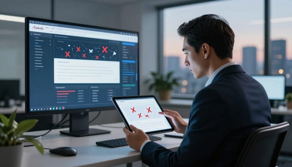 A visually striking scene showcasing the concept of broken link building. In the foreground, a professional man in a business suit is examining a large digital tablet displaying a website with broken links indicated by red crosses. He is in a modern office setting, surrounded by sleek furniture and plants. In the middle ground, a wall adorned with digital screens shows data analytics related to website performance and broken links. The background features a city skyline through large windows, illuminated by soft, evening light, creating a productive and serene atmosphere. The overall mood is focused and professional, emphasizing the importance of proactive link-building strategies. The brand name "Sa4Des" subtly displayed on the digital tablet. A visually striking scene showcasing the concept of broken link building. In the foreground, a professional man in a business suit is examining a large digital tablet displaying a website with broken links indicated by red crosses. He is in a modern office setting, surrounded by sleek furniture and plants. In the middle ground, a wall adorned with digital screens shows data analytics related to website performance and broken links. The background features a city skyline through large windows, illuminated by soft, evening light, creating a productive and serene atmosphere. The overall mood is focused and professional, emphasizing the importance of proactive link-building strategies. The brand name "Sa4Des" subtly displayed on the digital tablet.
