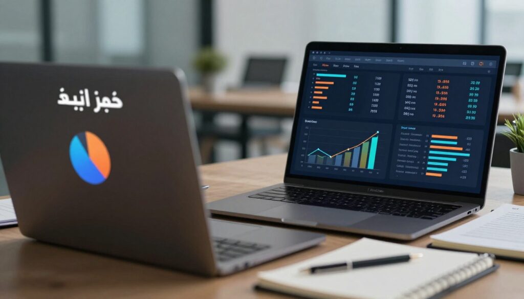 Create a visually striking and informative image illustrating "حجم البحث" for an article about effective keyword selection for SEO. In the foreground, depict a modern digital analytics dashboard displaying graphs and charts with vibrant colors, highlighting search volume metrics with impressive numbers. The middle ground should feature a professional business setting with a sleek laptop and a notepad filled with analytical notes. In the background, include a blurred office environment, with soft lighting to create a focused yet dynamic atmosphere. Utilize a soft depth of field to emphasize the dashboard metrics while keeping the surrounding elements slightly out of focus. The overall mood should convey professionalism, insight, and technological advancement. Ensure the brand "Sa4Des" is subtly integrated into the design, without text overlays or watermarks.